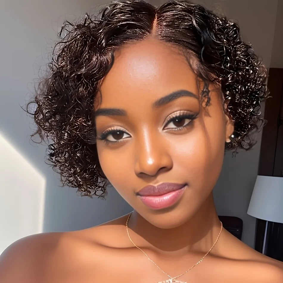 6inch 150% density black color 13x1 Tpart lace short curly human hair wig daily party cosplay use remy hair wig for women