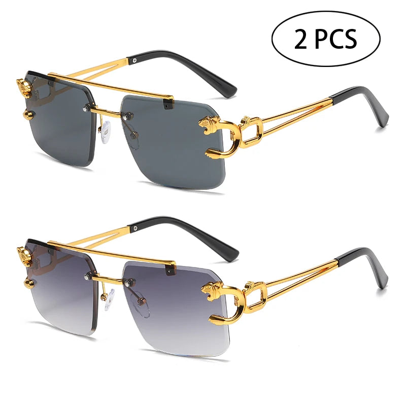 Fashion Rimless Square Double Bridge Sun Glasses Vintage Women Men Sunglasses UV400
