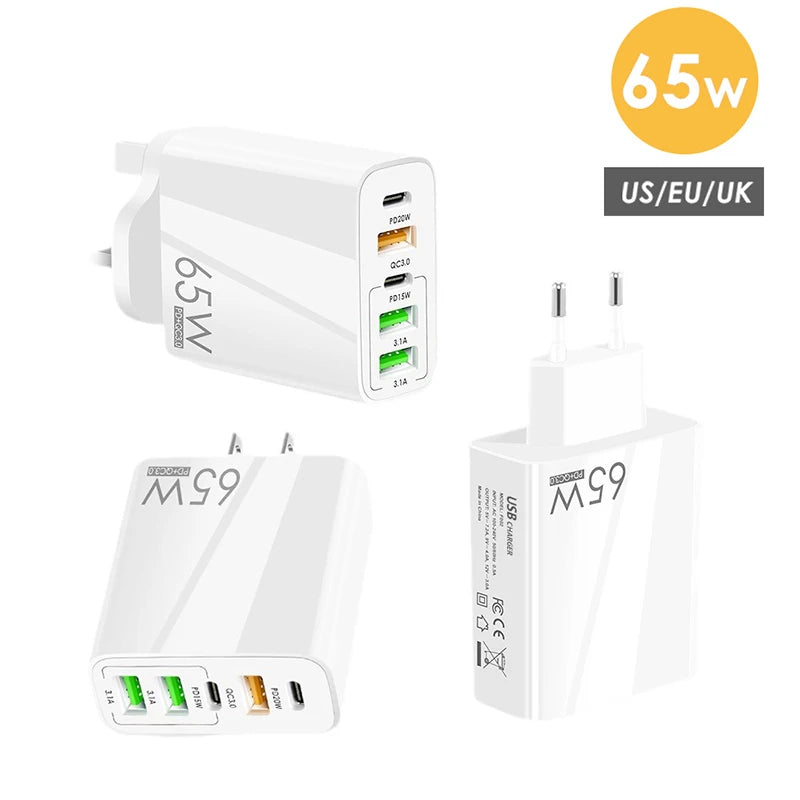 65W Charger Type C Fast Charging QC3.0 For iPhone 14 13 12 Pro Max Huawei Xiaomi Samsung POCO Tablet USB C Charger PD Adapter