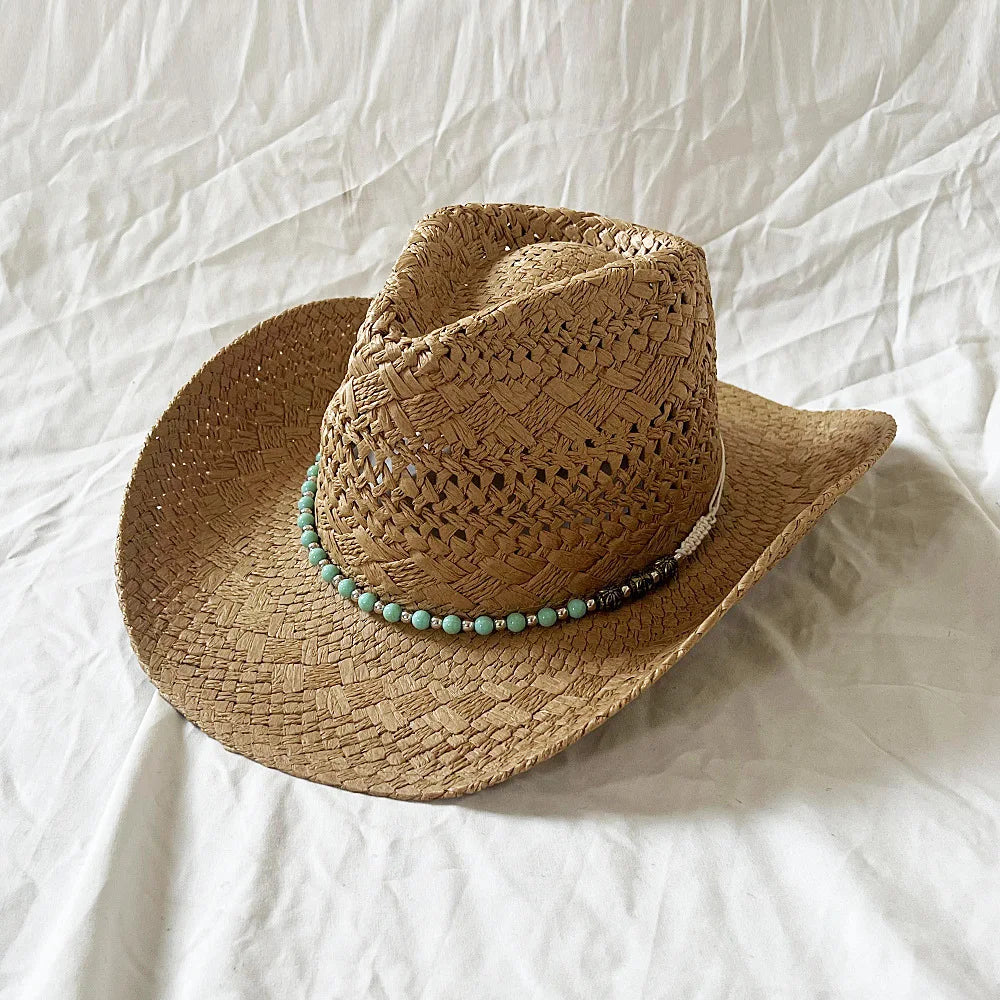 Handmade Women Men Straw Hat Summer Beach Shell Vintage Beads Hollow Out Western Wide Brim Sun Hat Fishing Holiday Bohemian Cap