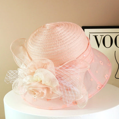 Fashion Hat Women Top Hat Elegant Organza Flower Wide Brim Sun Hat for Women Retro Style Party Banquet Accessory Foldable Beach