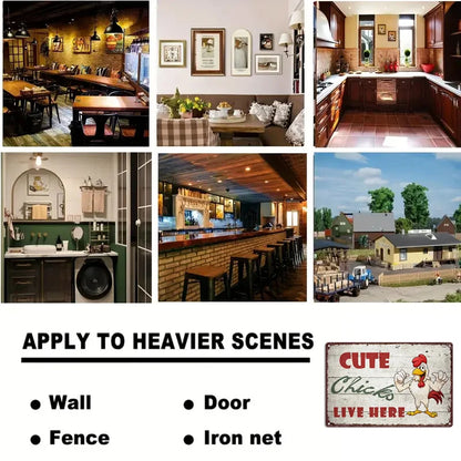 Vintage Rooster Metal Tin Sign - "Cute Chicks Live Here" Wall Decor for Home, Bar, Farmhouse, 7.87x11.81 inch