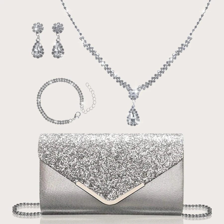 Gorgeous and elegant sparkly women's clutch bag, paired with a gorgeous rhinestone necklace, earrings and bracelet set of four.