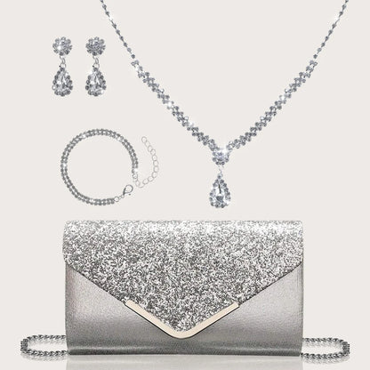 Gorgeous and elegant sparkly women's clutch bag, paired with a gorgeous rhinestone necklace, earrings and bracelet set of four.