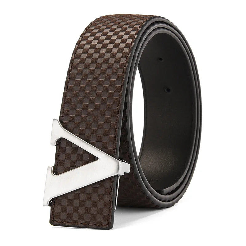 Men's Belt Casual Business V letter Slide Buckle Fashionable Checkered Plaid Leather Male Belt for Men