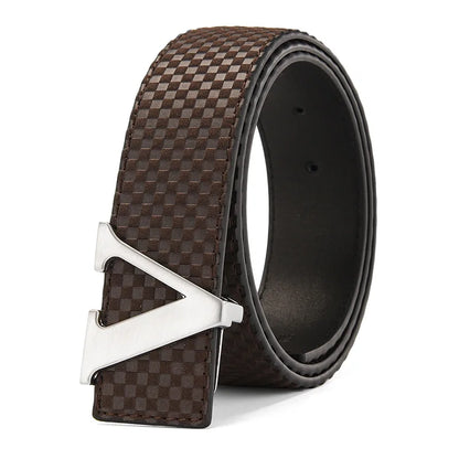 Men's Belt Casual Business V letter Slide Buckle Fashionable Checkered Plaid Leather Male Belt for Men