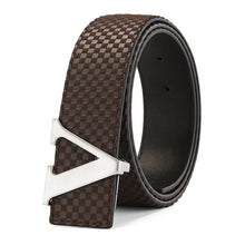 Load image into Gallery viewer, Men&#39;s Belt Casual Business V letter Slide Buckle Fashionable Checkered Plaid Leather Male Belt for Men
