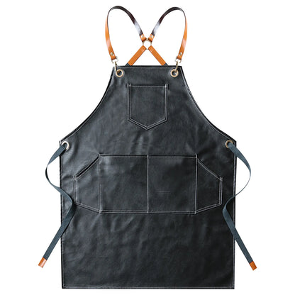 Thickened Leather Working Apron Cross Back Adjustable Chef Apron Waterproof Multi-Pocket Sleeveless Adjustable Strap Clothes