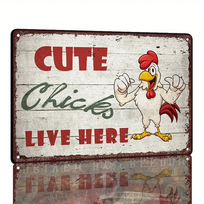 Vintage Rooster Metal Tin Sign - "Cute Chicks Live Here" Wall Decor for Home, Bar, Farmhouse, 7.87x11.81 inch