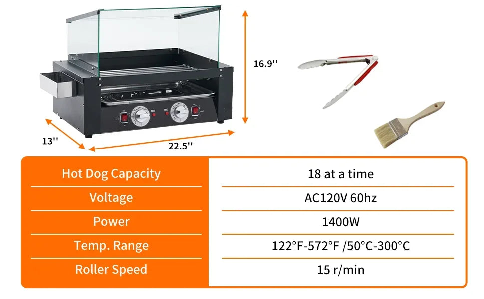 1400W Hot Dog Roller Machine Stainless Hotdog Roller Grill with Glass Guard LED Warm Light for Commercial BBQ (7 Rollers)