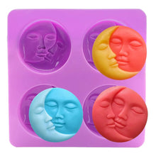 Load image into Gallery viewer, Sun &amp; Moon Silicone Soap Molds 4 Cavity Crescent Moon Face Mould for Homemade Lotion Bar Bath Bombs Polymer Clay Wax Candle Make
