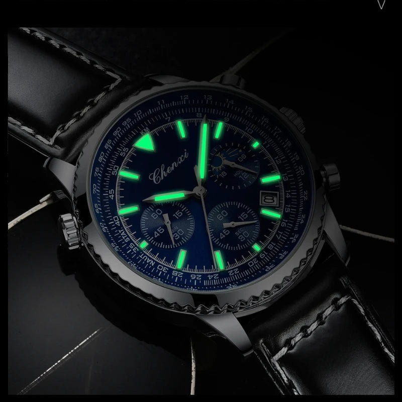 Business Watches for Men Genuine Leather Wristwatch Luxury Top Brand Men's Watches Waterproof Chronograph Sport Watches 520