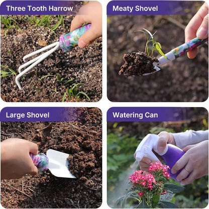 Garden Tools Set Garden Planting Floral Print Ergonomic Handle Trowel Rake Weeder Pruner Shears Sprayer Garden Printing Tool Set