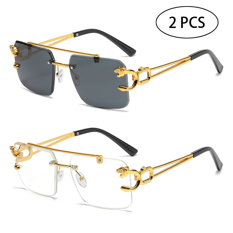 Fashion Rimless Square Double Bridge Sun Glasses Vintage Women Men Sunglasses UV400