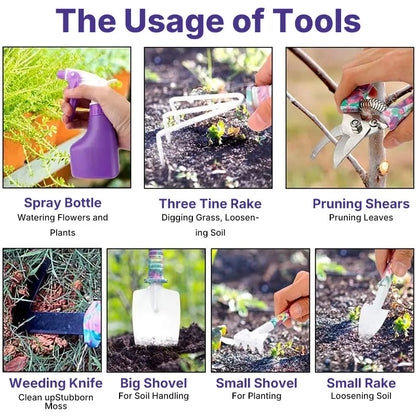 Garden Tools Set Garden Planting Floral Print Ergonomic Handle Trowel Rake Weeder Pruner Shears Sprayer Garden Printing Tool Set