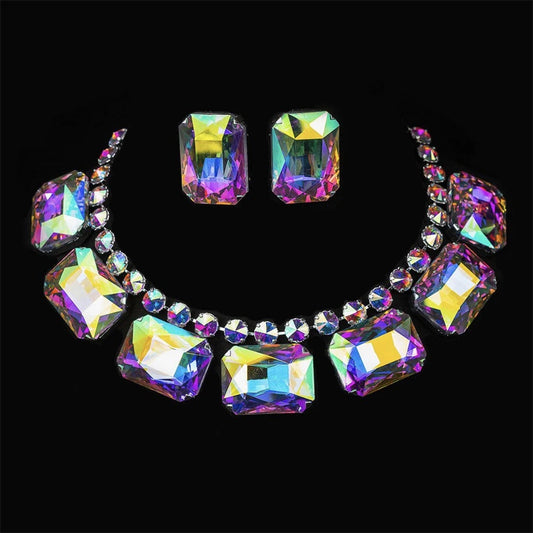 2024 New Fashion Square Crystal AB Color Necklace Set for Women Shiny Red Rhinestone Stud Earrings Bridal Wedding Jewelry Set