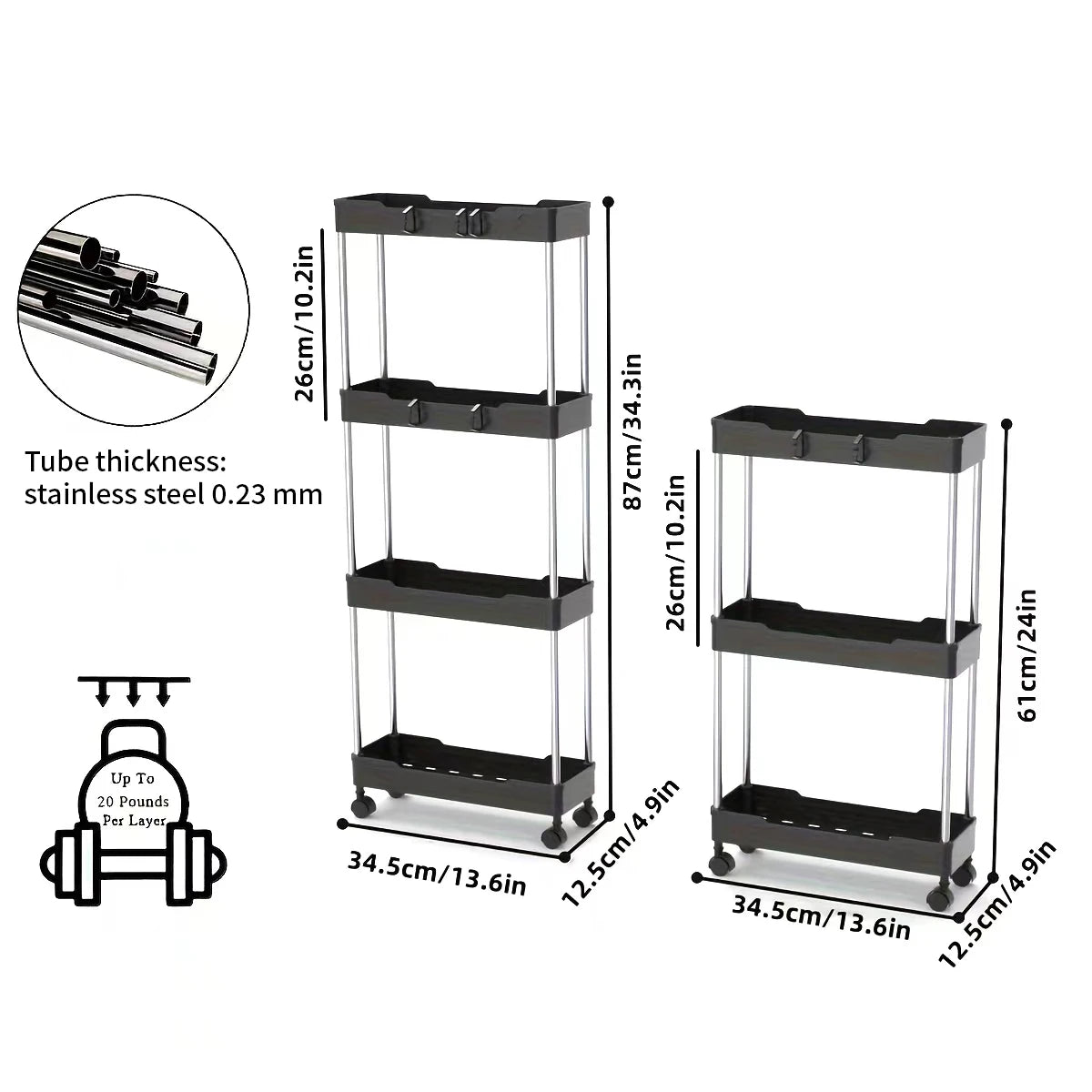 3/4-Tier Slim Rolling Storage Racks – Compact Cabinet Shelf for Bathroom, Kitchen, Laundry Room, and Narrow Spaces Organization