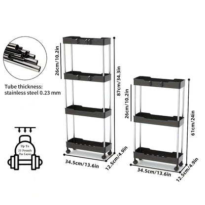 3/4-Tier Slim Rolling Storage Racks – Compact Cabinet Shelf for Bathroom, Kitchen, Laundry Room, and Narrow Spaces Organization