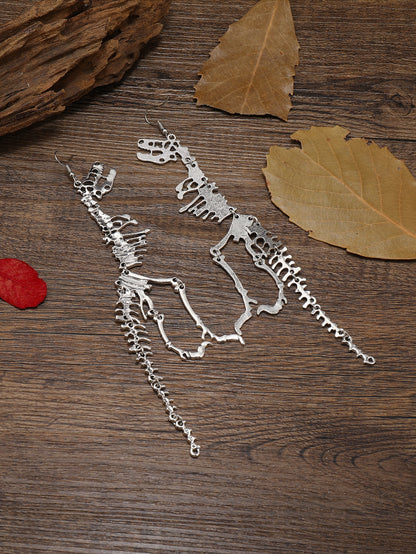 Unique Dinosaur Skeleton Drop Earrings - Vintage-Inspired, Golden Ancient Silver Color, Creative Design, Dangle Earrings for Women, Statement Jewelry, Fashion Accessories