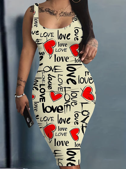 Knee High Bodycon Scoop Neck Sleeveless Dress - Sexy Alphabets Print, Mid Elasticity, Machine Washable, All-Season, Sheath Silhouette, Polyester Material - Womens Clothing, Adult, No Belt, No Chest Pad