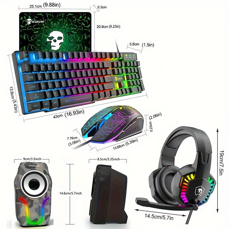 Rainbow LED Illuminated Gaming Keyboard Set - Keyboard & Mouse Combos with 104 Keys, 2400DPI 6-Button Optical Mouse, and 3.5mm Wired Headset with Mic, Plus RGB Computer Speaker for PS4, Xbox, PC, and Laptop