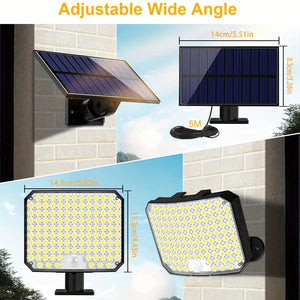 118 LED Solar Motion Sensor Floodlight with Remote Control - Outdoor Security Lighting for Patio, Garage, Porch, Yard - 16.5ft Cable,, 1800mAh Battery, Wall-Mounted Design, Yard Floodlight | Sleek Rectangular Design | LED Arr