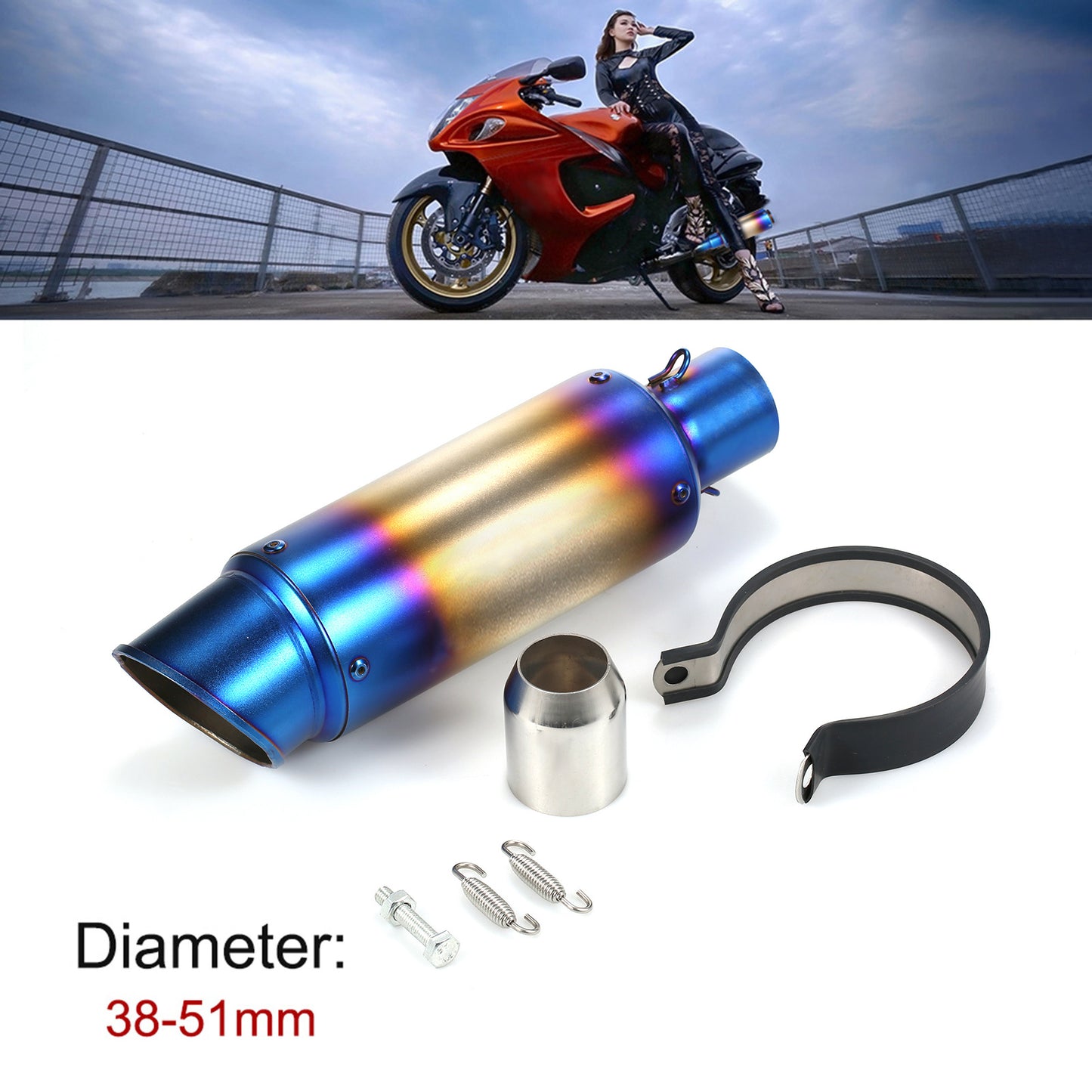 1pc Lixada Universal Stainless Steel Motorcycle Exhaust Pipe, 38-51mm, Tail Refit Exhaust Muffler for ATV, Motorcycles