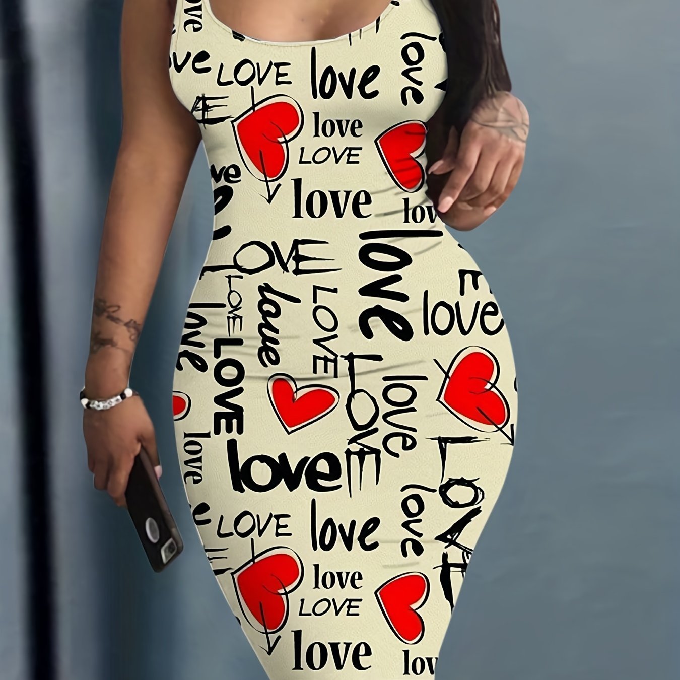 Knee High Bodycon Scoop Neck Sleeveless Dress - Sexy Alphabets Print, Mid Elasticity, Machine Washable, All-Season, Sheath Silhouette, Polyester Material - Womens Clothing, Adult, No Belt, No Chest Pad