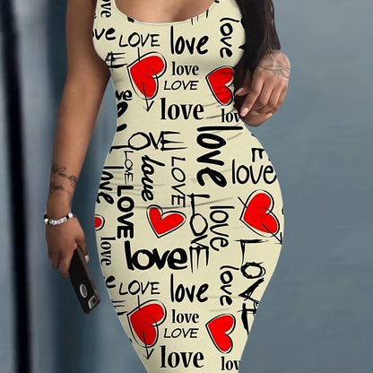 Knee High Bodycon Scoop Neck Sleeveless Dress - Sexy Alphabets Print, Mid Elasticity, Machine Washable, All-Season, Sheath Silhouette, Polyester Material - Womens Clothing, Adult, No Belt, No Chest Pad