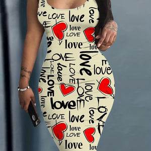 Knee High Bodycon Scoop Neck Sleeveless Dress - Sexy Alphabets Print, Mid Elasticity, Machine Washable, All-Season, Sheath Silhouette, Polyester Material - Womens Clothing, Adult, No Belt, No Chest Pad