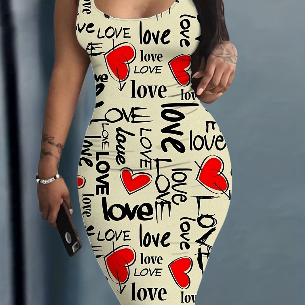 Knee High Bodycon Scoop Neck Sleeveless Dress - Sexy Alphabets Print, Mid Elasticity, Machine Washable, All-Season, Sheath Silhouette, Polyester Material - Womens Clothing, Adult, No Belt, No Chest Pad