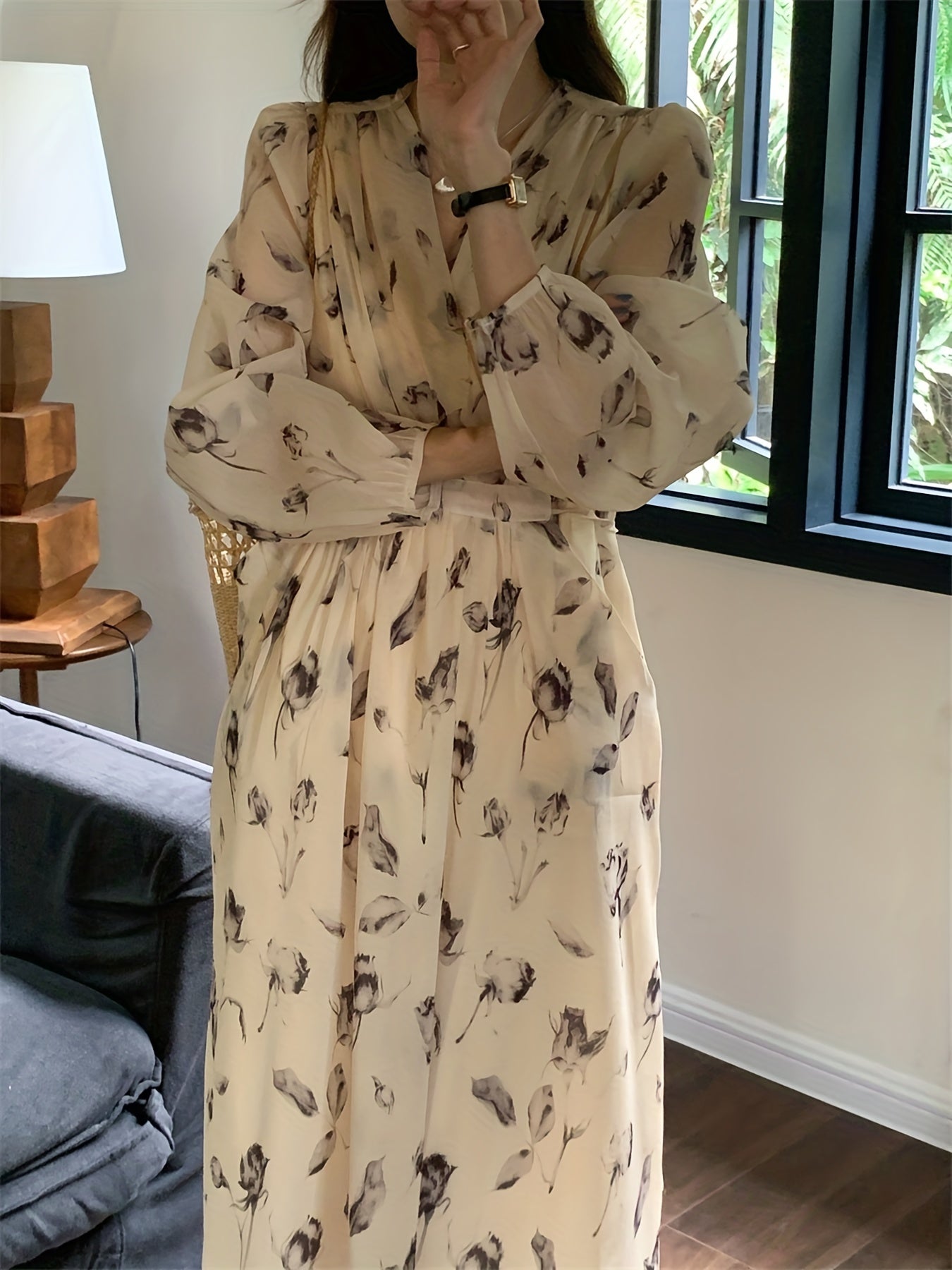 V-Neck Floral Print Chiffon Dress - Slim Waist, Long Sleeve, Elegant & Flowy - Fashion-Forward Womens Clothing for Any Season