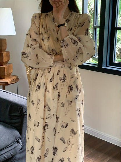 V-Neck Floral Print Chiffon Dress - Slim Waist, Long Sleeve, Elegant & Flowy - Fashion-Forward Womens Clothing for Any Season