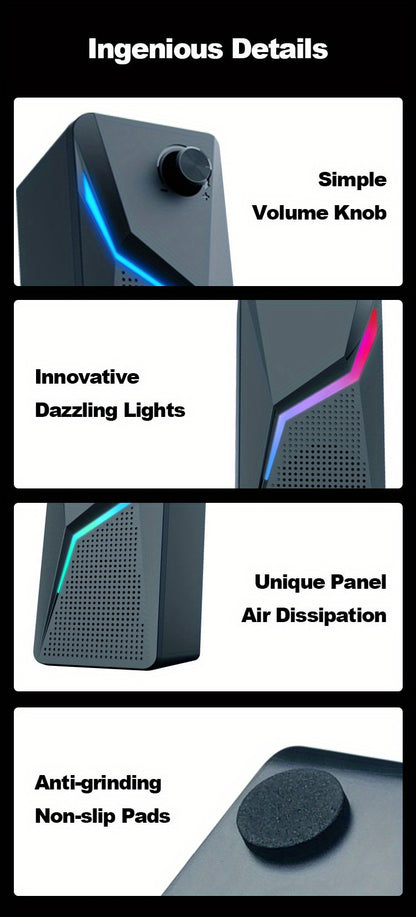 RGB Desktop Speakers, 2.0CH Stereo PC Computer Gaming Speakers 6W Multimedia Monitor Speakers, Volume Control, USB Powered with 3.5mm Cable