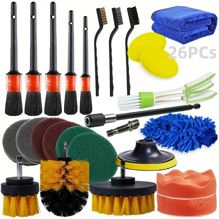 26Pcs Car Detailing Brush Set, Car Detailing Kit, Car Drill Brush/Wheel Brushes/Air Vent Brush/Buffing Sponge Pads Kit/Washing Mitt/Cleaning Cloth