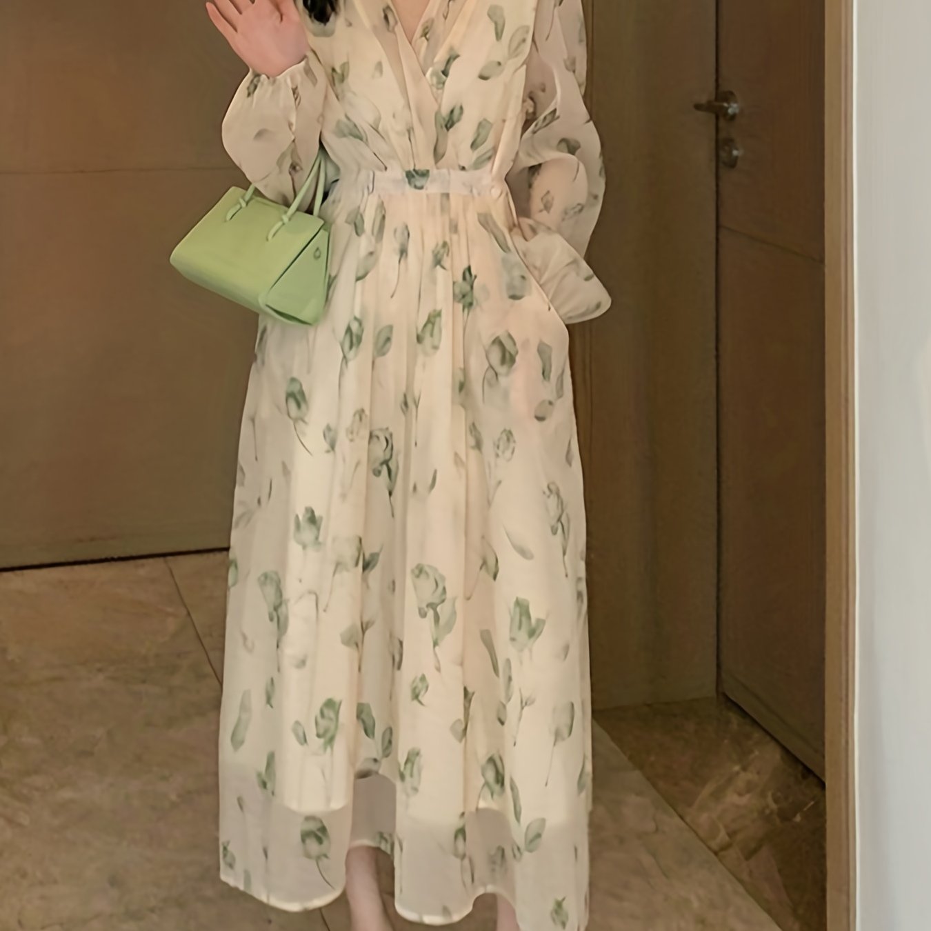 V-Neck Floral Print Chiffon Dress - Slim Waist, Long Sleeve, Elegant & Flowy - Fashion-Forward Womens Clothing for Any Season