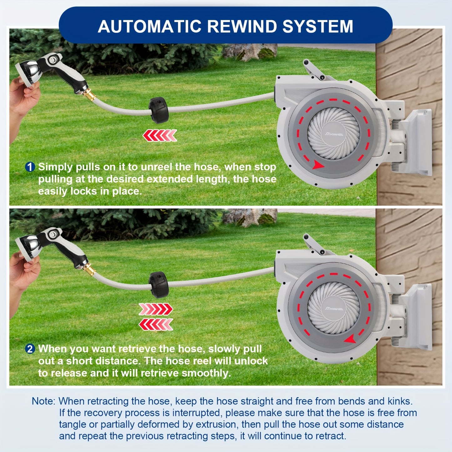 [105FT Retractable Garden Hose Reel] 105 FT X 1/2" Retractable Garden Hose Reel By HOZEREEL, Heavy Duty Outdoor Garden Hose Reels - Automatic Self Retract Wall Mount Hose Reel Enclosed Storage, Any Length Lock, 10 Pattern Noz