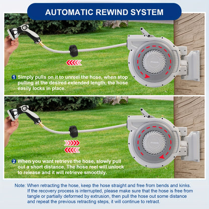 [105FT Retractable Garden Hose Reel] 105 FT X 1/2" Retractable Garden Hose Reel By HOZEREEL, Heavy Duty Outdoor Garden Hose Reels - Automatic Self Retract Wall Mount Hose Reel Enclosed Storage, Any Length Lock, 10 Pattern Noz