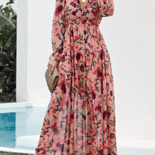 Load image into Gallery viewer, Romantic Floral Print Maxi Dress - Flowy Pleats &amp; Modest V-Neck - Versatile Long Sleeves for Vacation Style - Womens Clothing
