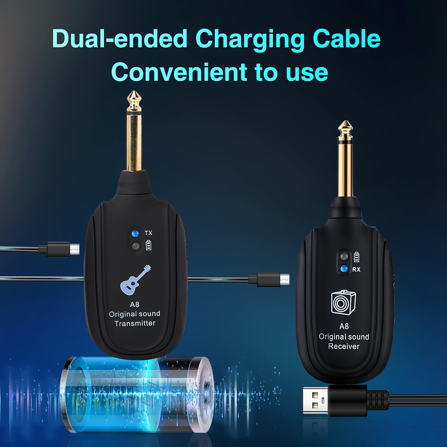 2-Mode A8 Wireless Guitar System with Built-in Rechargeable Lithium Battery, Audio Wireless Transmitter and Receiver for Acoustic Guitar, Bass, Violin, Keyboard, Electric Instruments - Black
