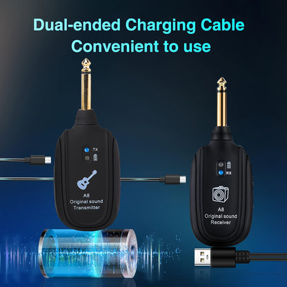 2-Mode A8 Wireless Guitar System with Built-in Rechargeable Lithium Battery, Audio Wireless Transmitter and Receiver for Acoustic Guitar, Bass, Violin, Keyboard, Electric Instruments - Black