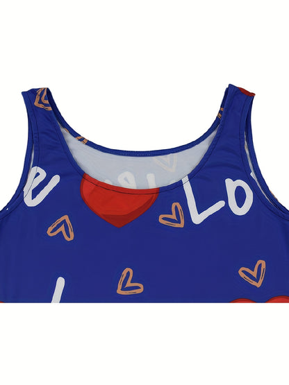 Heart & Letter Printed Tank Dress - Casual Sleeveless U Neck Design - Slim Fit & Flattering - Ideal Summer Womens Clothing