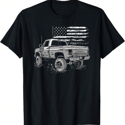 Men's Vintage Pickup Truck T-Shirt - Classic American Flag Design, Comfortable Cotton, Casual Round Neck Tee, Machine Washable