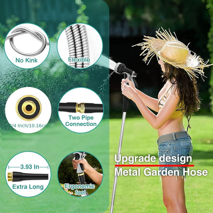 50ft Garden Hose Metal, Stainless Steel Water Hose Heavy Duty, with 10 Function Nozzle, 3/4" Universal Connectors, Flexible, Leak-Proof, Garden Hoses for Yard/Outdoors