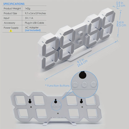 KOMUGI 9.7" Digital LED Wall Clock with Remote Control - USB Powered, Auto Dimmable, Alarm, Large Display for Bedroom & Living Room, Living Room Decor | Cubeshaped Design | Durable LED Numerals, Clock for Living Room