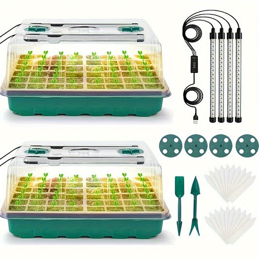 Seed starter trays with grow lights, two sets of 96 compartment smart timer seedling pots with moisturizing cover, plant seed germination kit, dimmable indoor gardening plant germination trays, seed starter kit for greenhouse