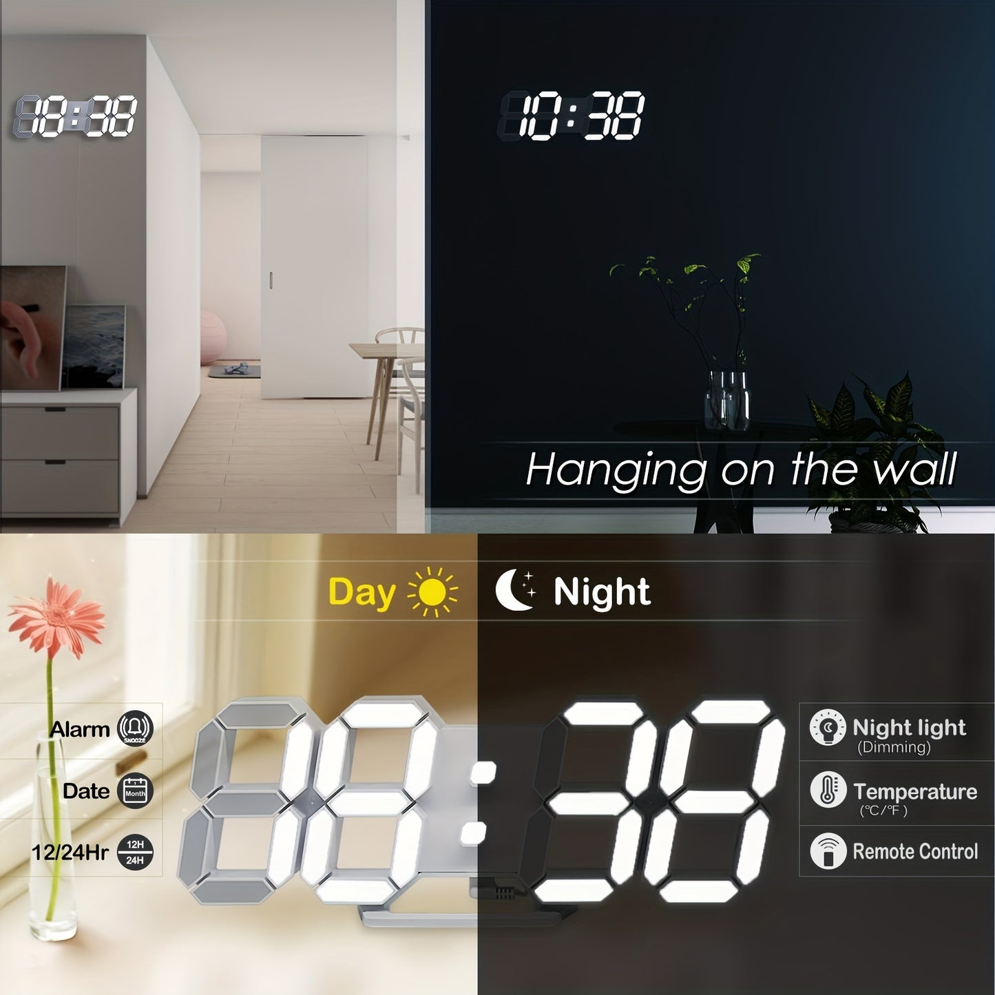KOMUGI 9.7" Digital LED Wall Clock with Remote Control - USB Powered, Auto Dimmable, Alarm, Large Display for Bedroom & Living Room, Living Room Decor | Cubeshaped Design | Durable LED Numerals, Clock for Living Room