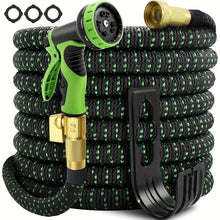 Load image into Gallery viewer, Expandable Garden Hose, 100 ft Water Hose with 10 Function Spray Nozzle, Lightweight Flexible Hose with 3/4 Inch Solid Fittings and 4-Layer Latex Core, 100ft Heavy Duty No-Kink Stretch Hoses
