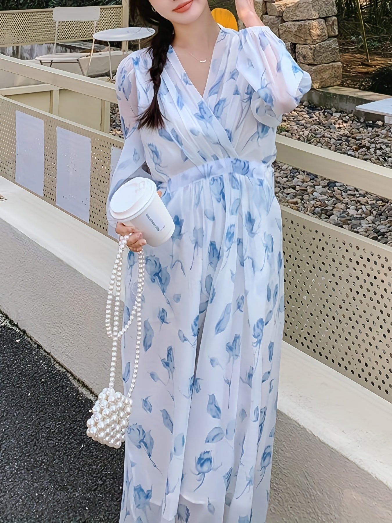 V-Neck Floral Print Chiffon Dress - Slim Waist, Long Sleeve, Elegant & Flowy - Fashion-Forward Womens Clothing for Any Season