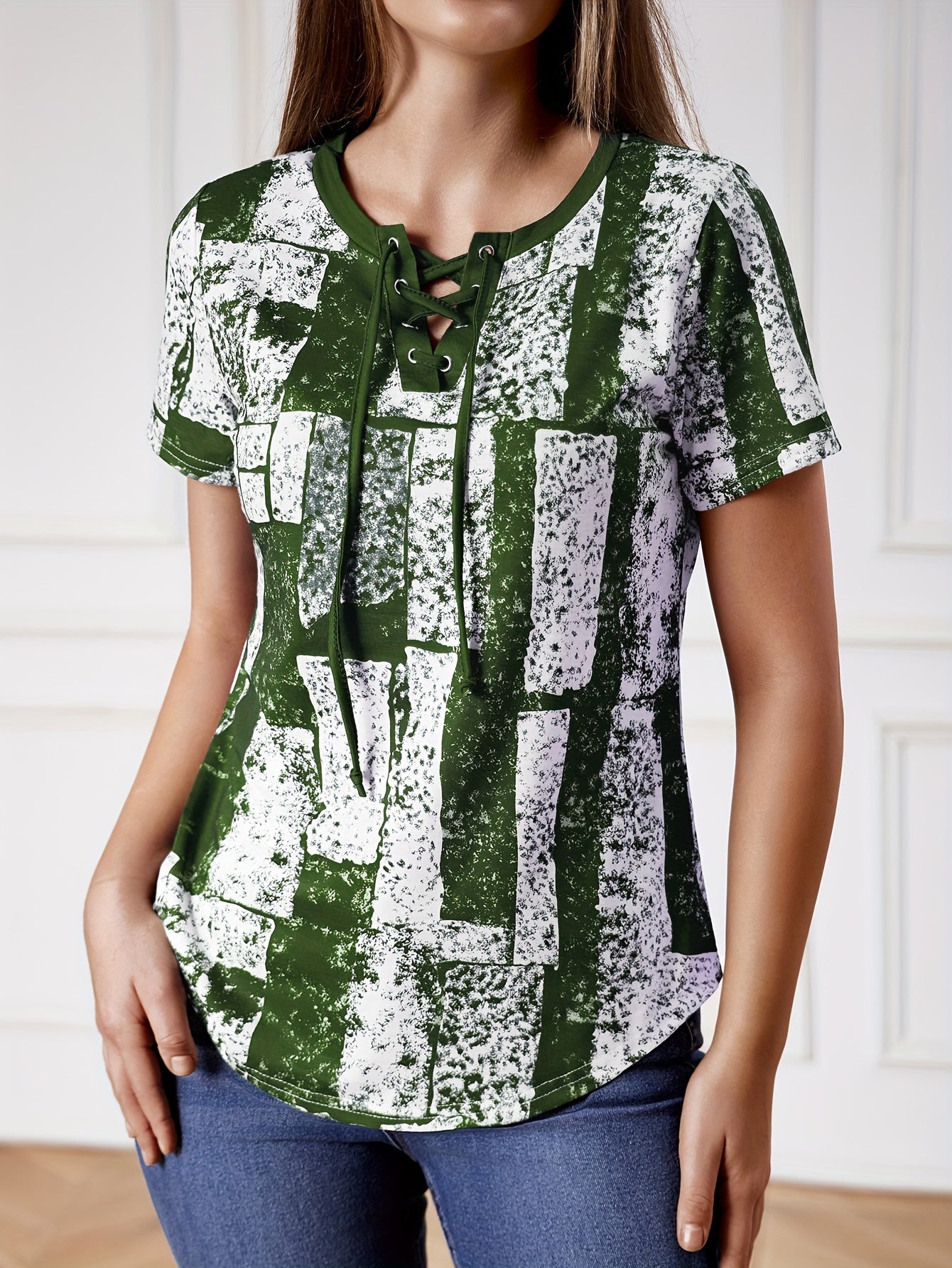 Vibrant Graphic Lace Up V Neck T-shirt - Short Sleeve, Adjustable Closure, Flattering Neckline, Perfect for Casual Summer Wear - Womens Clothing, Graphic Print Design, Ideal for Warm Weather